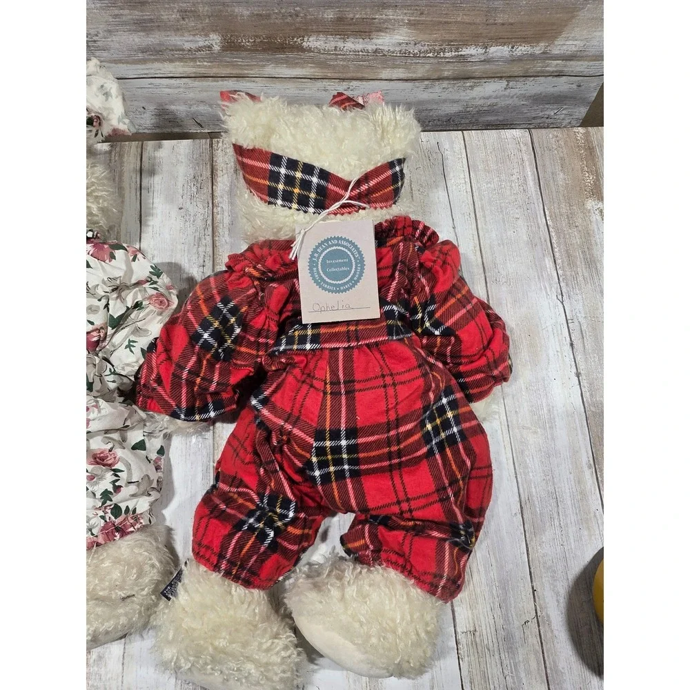 2- Boyds Bears Ophelia Plush Set Red Plaid Floral Rompers Investment 16 Inch